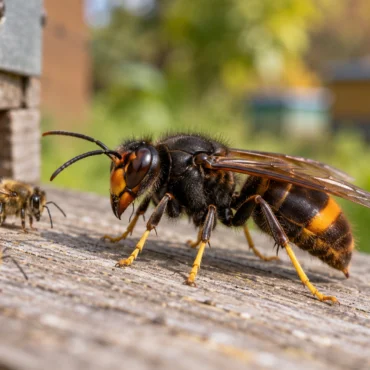 Close-up of a large hornet on a weathered wooden hive board with several bees nearby and blurred beehives in the background.