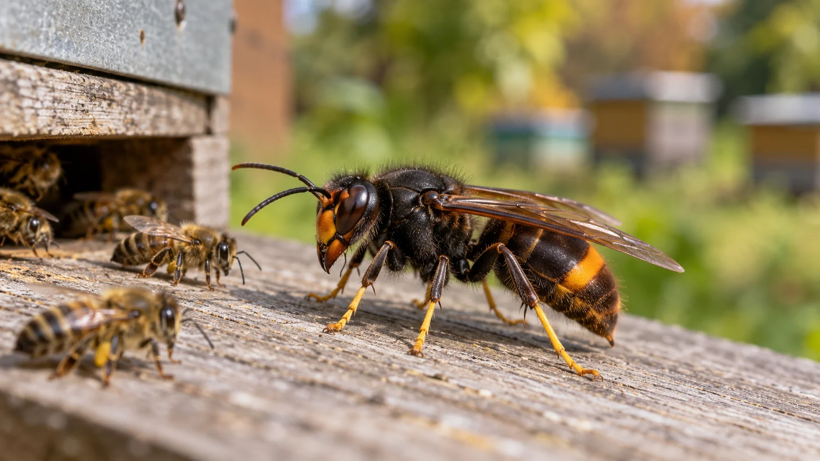 Close-up of a large hornet on a weathered wooden hive board with several bees nearby and blurred beehives in the background.