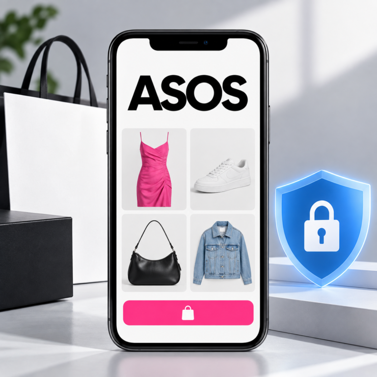 ASOS mobile app screen with four product tiles (pink dress, white sneakers, black handbag, denim jacket) and a pink checkout bar; shopping bags and a security shield appear in the background.