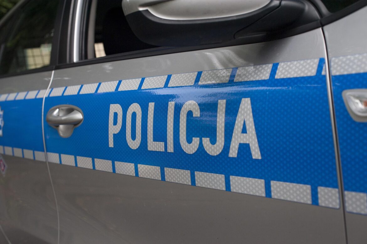 Polish police car door with blue livery and white POLICJA text; silver door handle and checkered pattern along the side