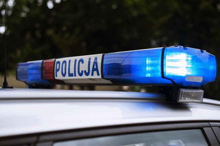 Polish police car roof with blue and red emergency lights blinking, POLICJA visible on the side bar.