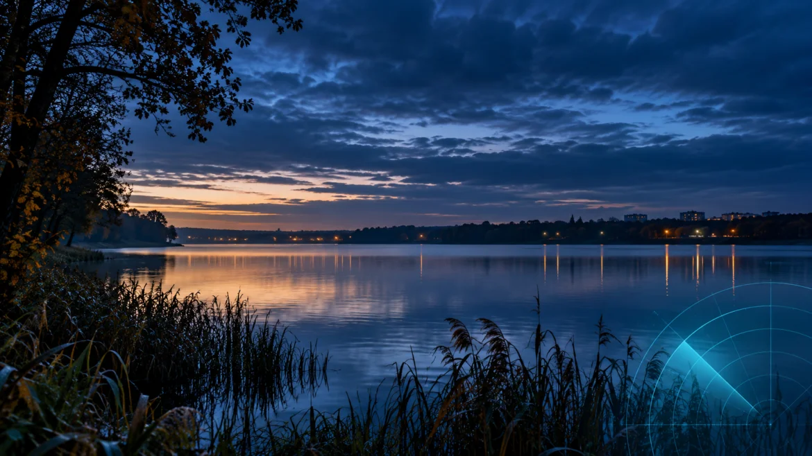 Evening lakeside scene with calm water, orange sunset on the horizon, dark blue clouds, and distant city lights reflecting on the lake.