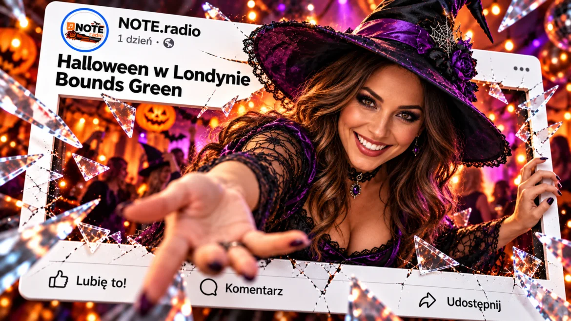 Smiling woman in a purple witch costume extends her hand through a social-media-style frame at a Halloween party background with jack-o'-lanterns and lights (Polish headline).