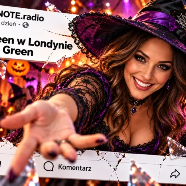 Smiling woman in a purple witch costume extends her hand through a social-media-style frame at a Halloween party background with jack-o'-lanterns and lights (Polish headline).