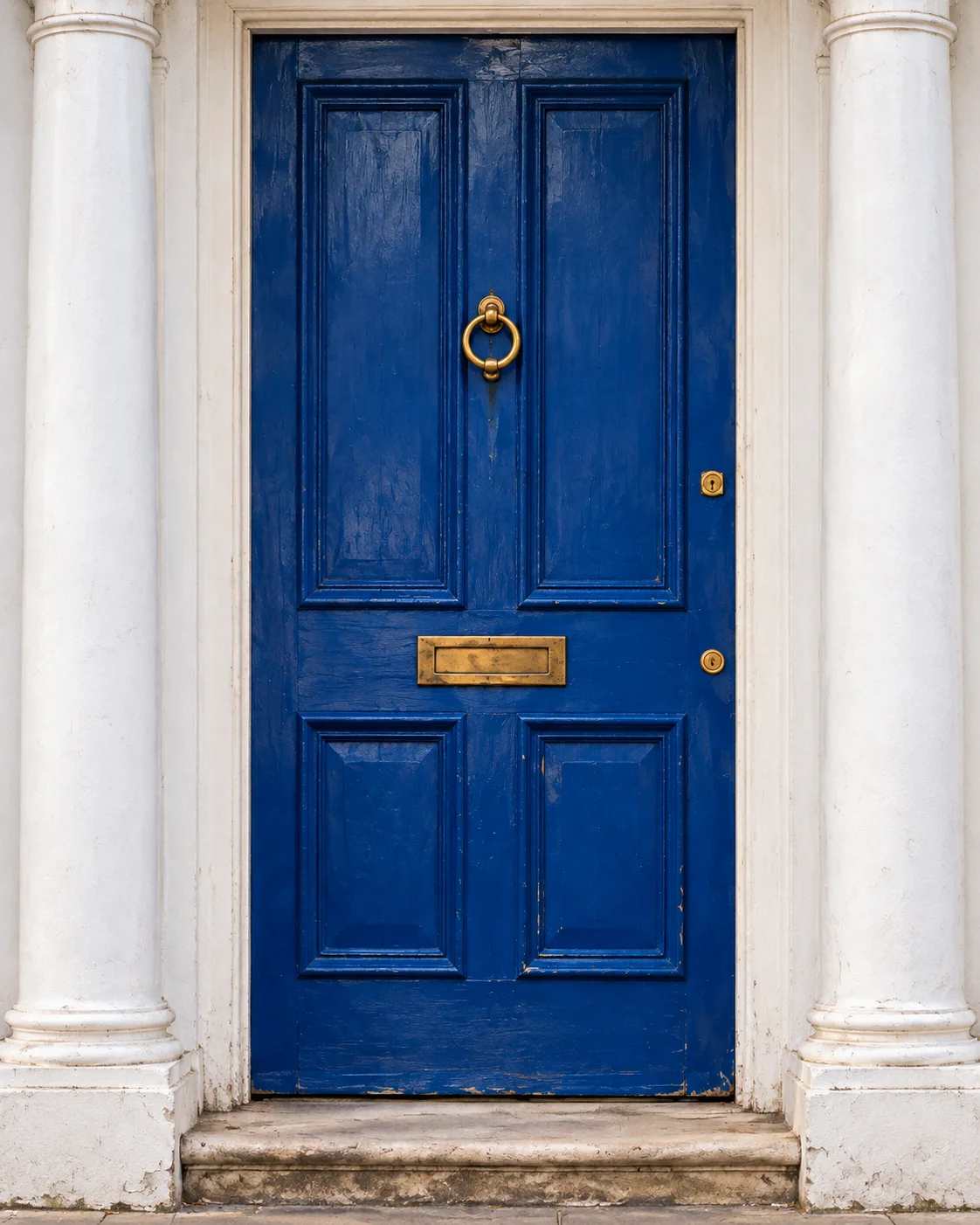 Blue wooden front door with a gold ring knocker, mail slot, and panel detailing, framed by white columns and stone steps.