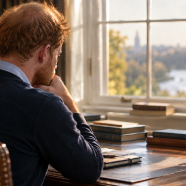Man with red hair sits at a wooden desk by a sunlit window, surrounded by books, a lamp, and a candle.