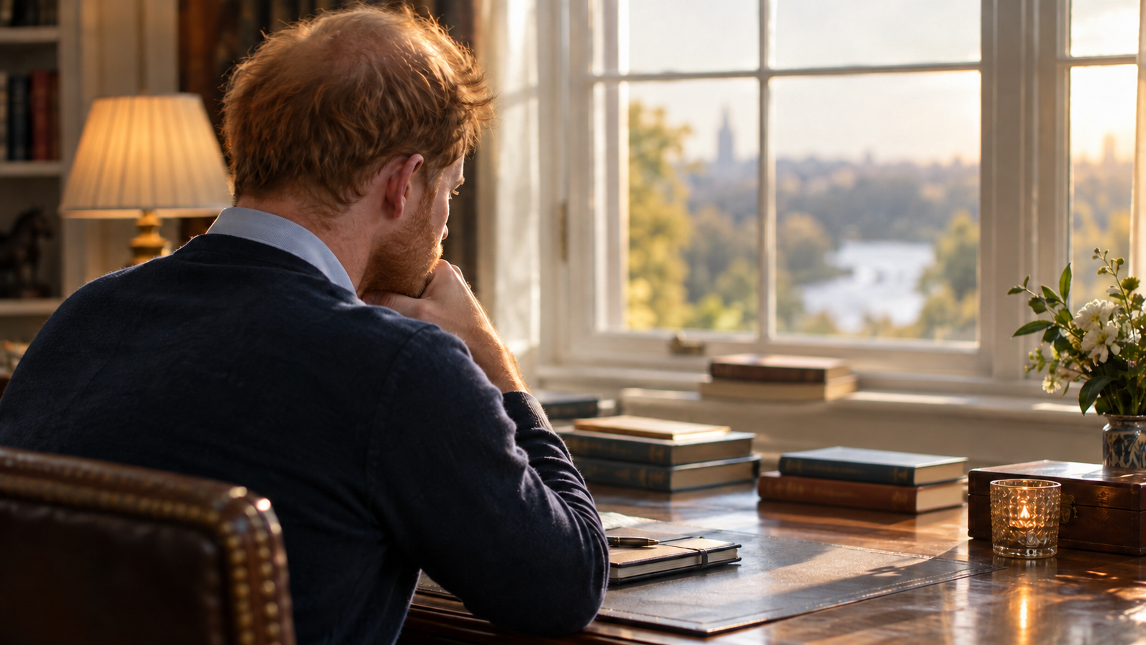 Man with red hair sits at a wooden desk by a sunlit window, surrounded by books, a lamp, and a candle.