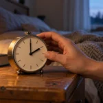 Hand adjusting a brass analog alarm clock on a wooden bedside table, with a lamp, book, and cozy blanket in a warm, dimly lit bedroom at dusk.