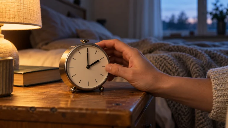 Hand adjusting a brass analog alarm clock on a wooden bedside table, with a lamp, book, and cozy blanket in a warm, dimly lit bedroom at dusk.