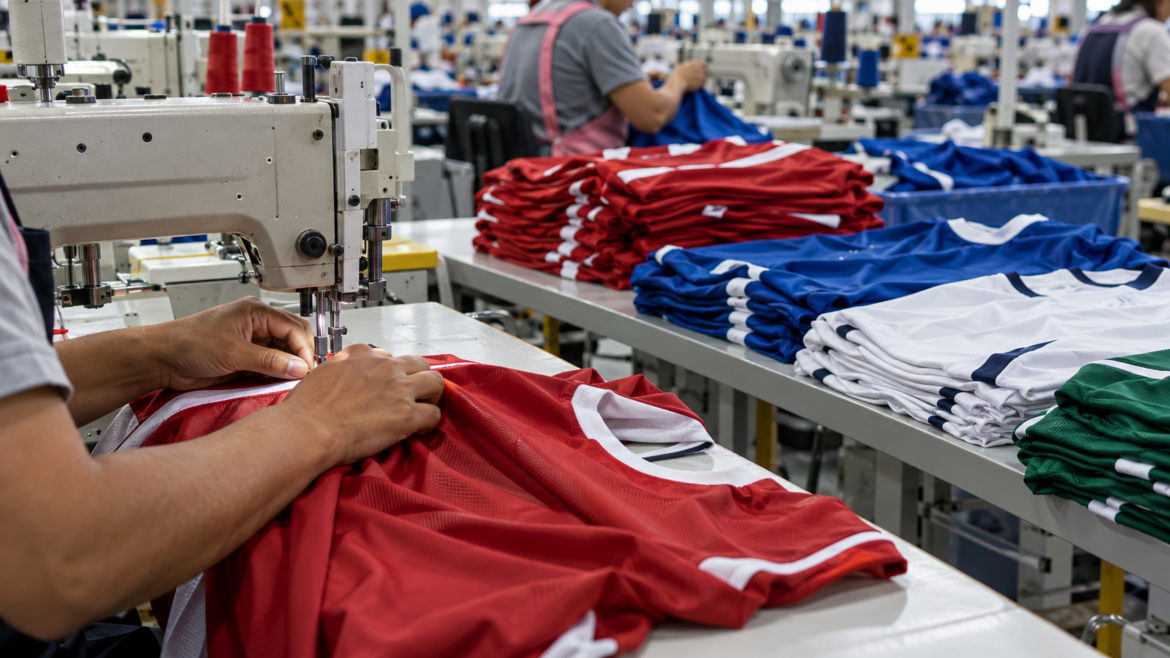Worker sews a red sports jersey on a sewing machine in a garment factory, with folded shirts nearby on the table.