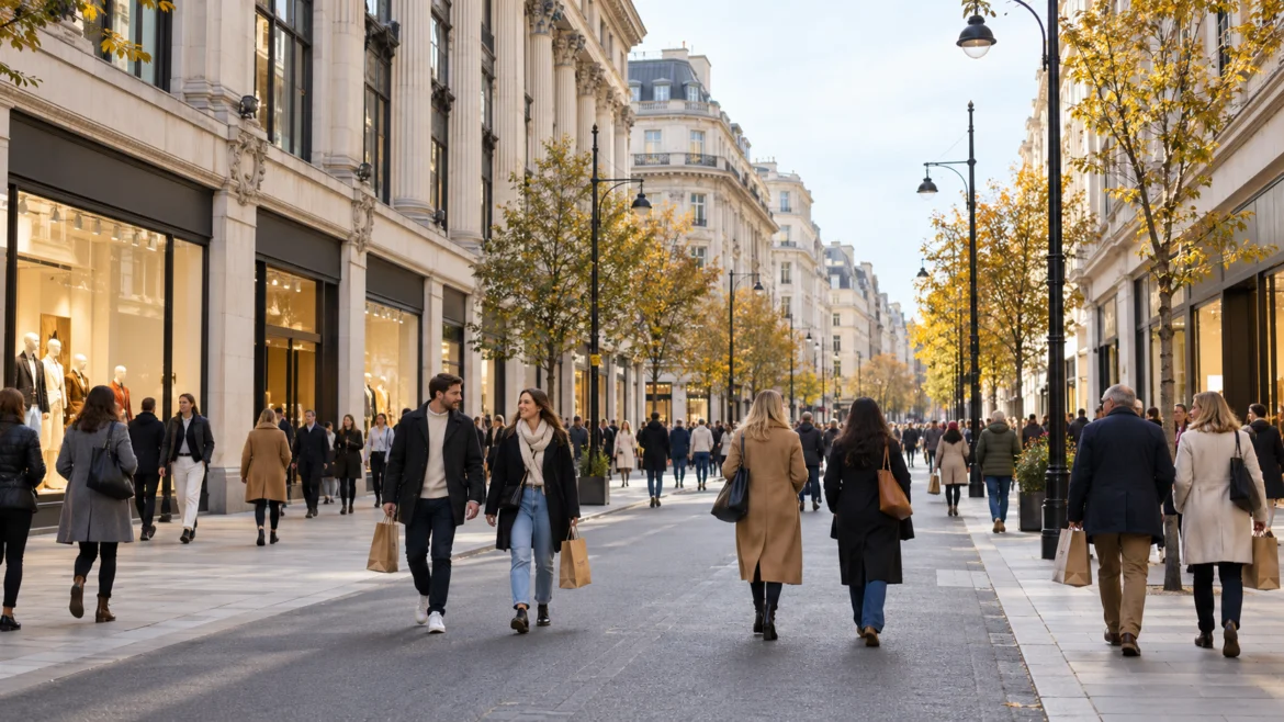 Busy city shopping street with people carrying bags and storefronts on both sides amid autumn trees.