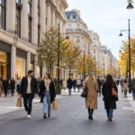 Busy city shopping street with people carrying bags and storefronts on both sides amid autumn trees.