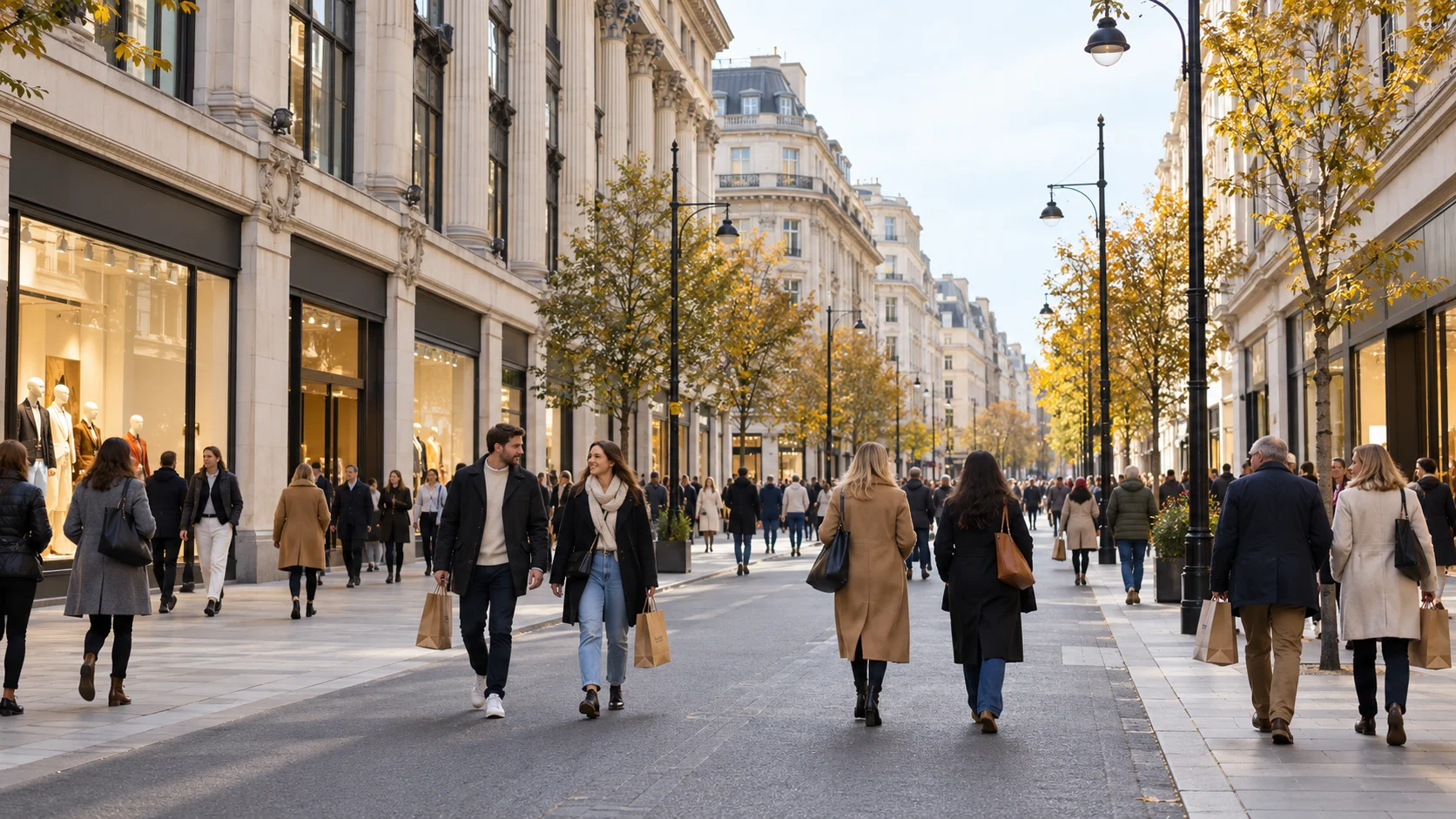 Busy city shopping street with people carrying bags and storefronts on both sides amid autumn trees.