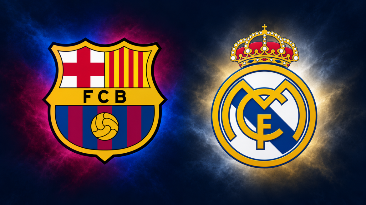 Barcelona and Real Madrid football club logos displayed side by side on a dark gradient background.