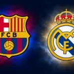 Barcelona and Real Madrid football club logos displayed side by side on a dark gradient background.