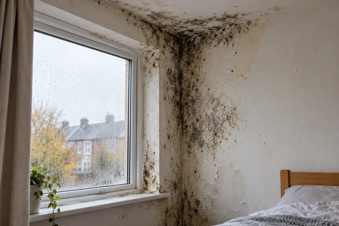 Moldy corner of a bedroom wall near a window, with peeling paint and water stains, bed frame visible on the right and a potted plant on the windowsill.