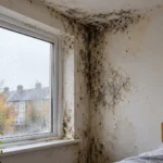 Moldy corner of a bedroom wall near a window, with peeling paint and water stains, bed frame visible on the right and a potted plant on the windowsill.