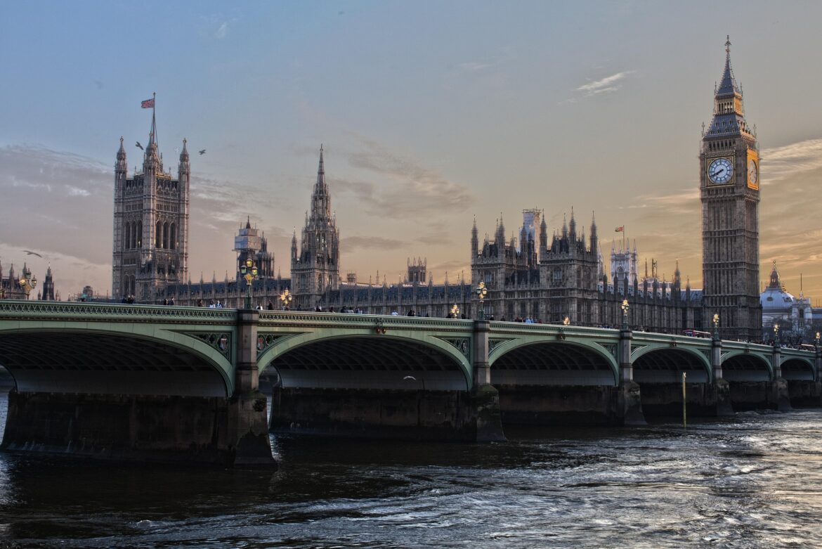 View of Westminster with the Parliament buildings and Big Ben at sunset over the Thames, Westminster Bridge in foreground