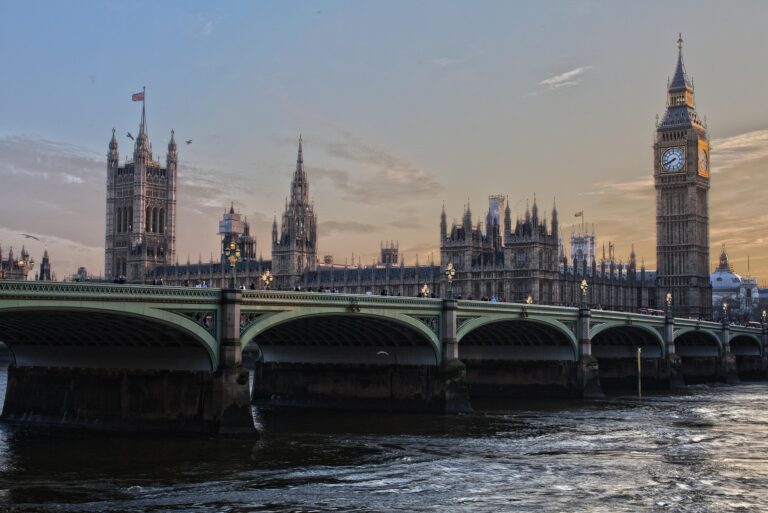 View of Westminster with the Parliament buildings and Big Ben at sunset over the Thames, Westminster Bridge in foreground