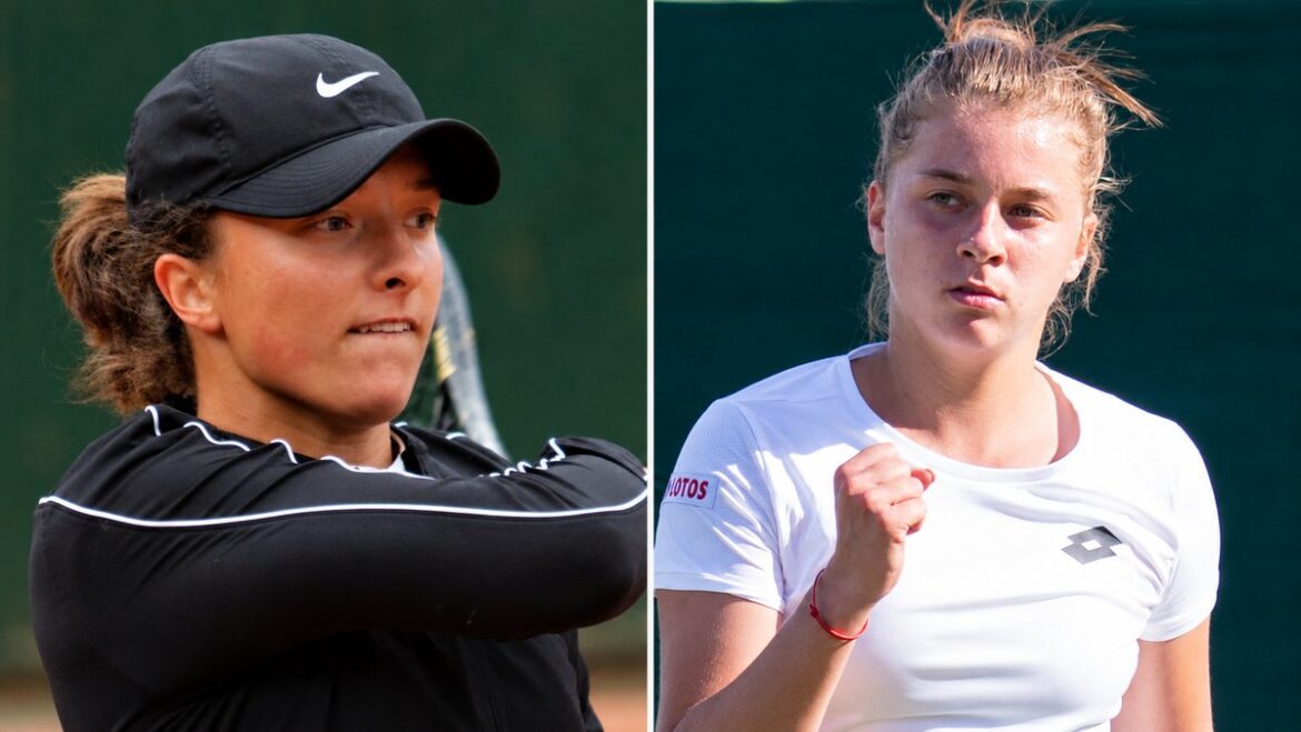 Two female tennis players on an outdoor court; left is in a black cap and jacket, right in a white shirt with a clenched fist gesture.