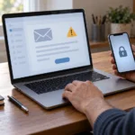 Two-device security scene: a laptop showing an email alert with a warning icon and a smartphone displaying a padlock, on a wooden desk.