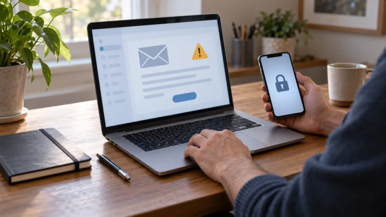 Two-device security scene: a laptop showing an email alert with a warning icon and a smartphone displaying a padlock, on a wooden desk.