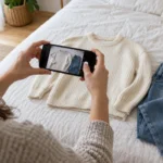 Person holding a smartphone to photograph a cream knit sweater and blue jeans laid out on a white bedspread.