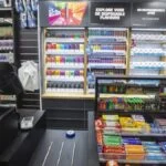 Checkout counter with a Day‑Today sign, surrounded by shelves of snacks, candy, and assorted tobacco/vape products in a store.