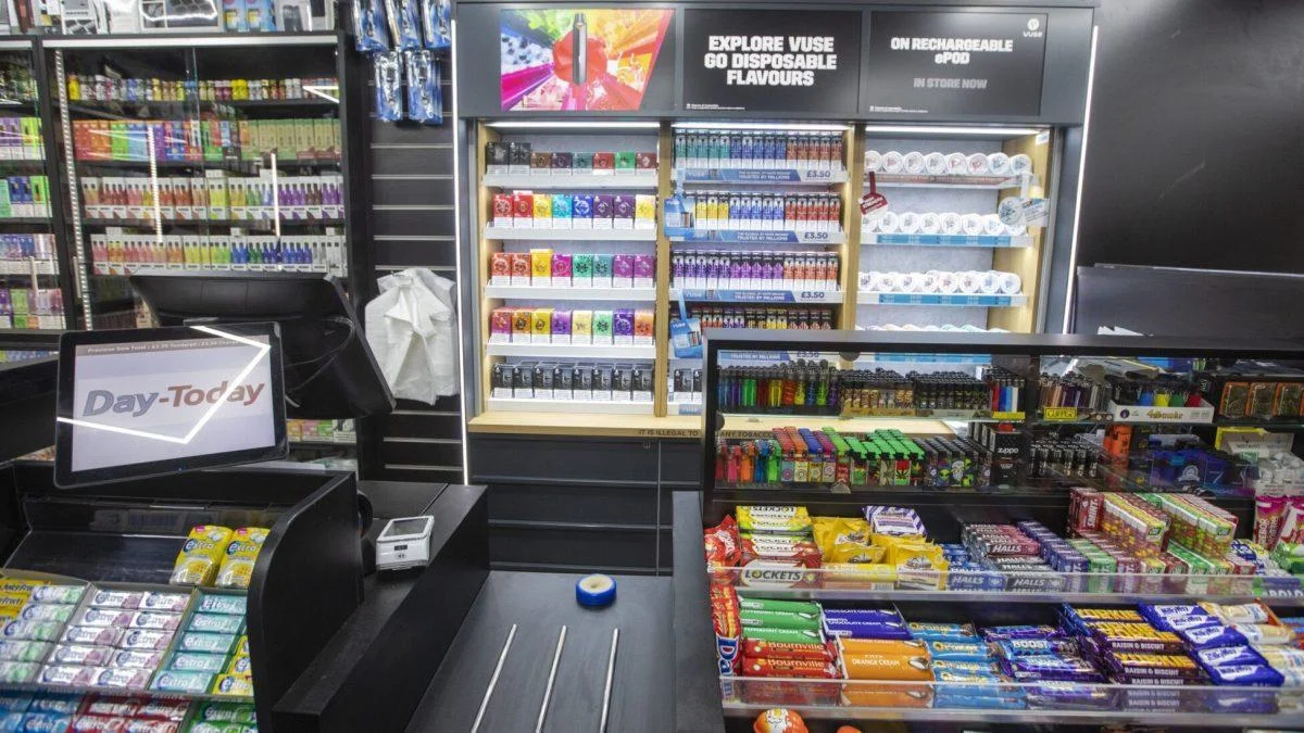 Checkout counter with a Day‑Today sign, surrounded by shelves of snacks, candy, and assorted tobacco/vape products in a store.