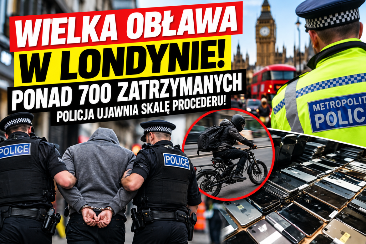 Police detaining a suspect on a London street with a cyclist circled in red; Big Ben and a red double-decker bus in the background, plus a foreground pile of smartphones, all over a bold Polish headline about a major raid and 700+ arrests.