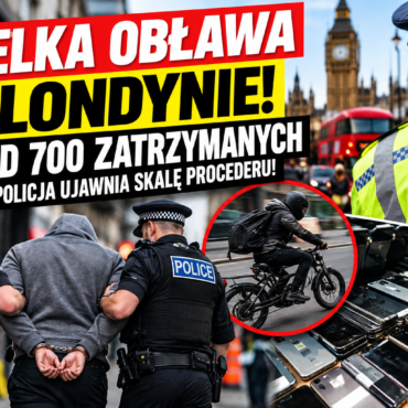 Police detaining a suspect on a London street with a cyclist circled in red; Big Ben and a red double-decker bus in the background, plus a foreground pile of smartphones, all over a bold Polish headline about a major raid and 700+ arrests.