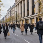 Busy city street in autumn with pedestrians, trees lining the road, and grand historic buildings on both sides.