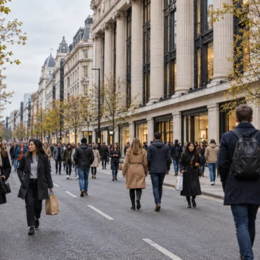 Busy city street in autumn with pedestrians, trees lining the road, and grand historic buildings on both sides.