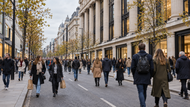 Busy city street in autumn with pedestrians, trees lining the road, and grand historic buildings on both sides.