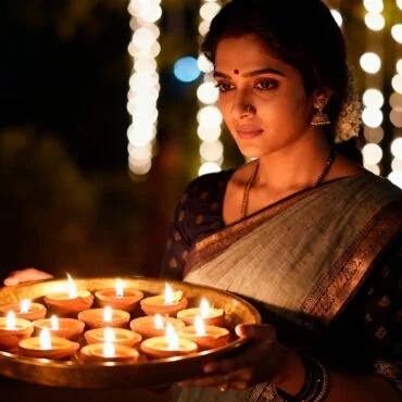 Indian woman in a saree holding a brass plate with lit oil lamps during a Diwali celebration at night, with warm bokeh lights in the background.