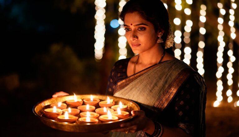 Indian woman in a saree holding a brass plate with lit oil lamps during a Diwali celebration at night, with warm bokeh lights in the background.