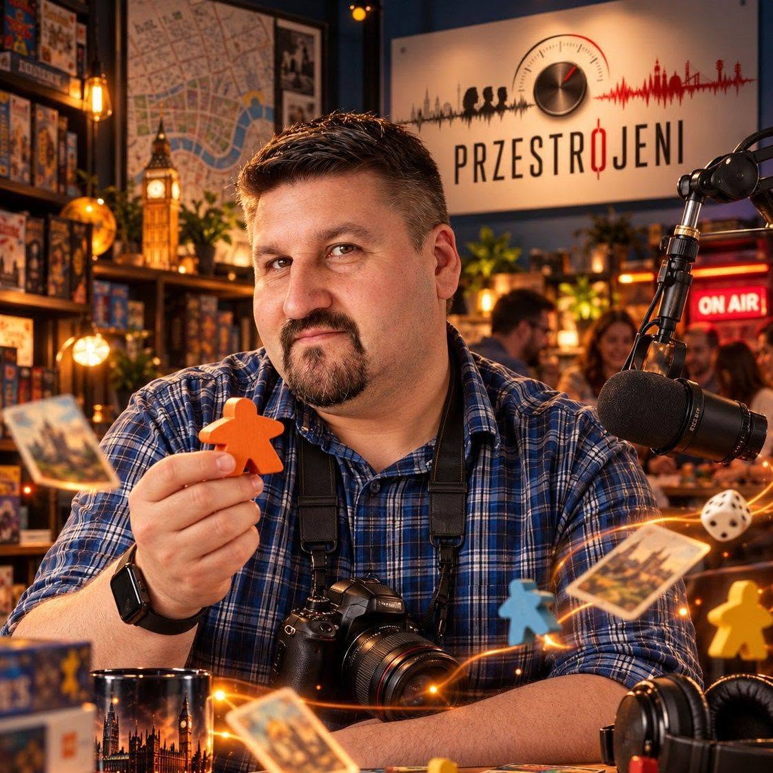 A man in a blue plaid shirt sits in a cozy recording studio, holding an orange star-shaped game piece with a camera around his neck and a large microphone nearby. The background shows a sign reading PRZESTROJENI and warm decorative lighting.