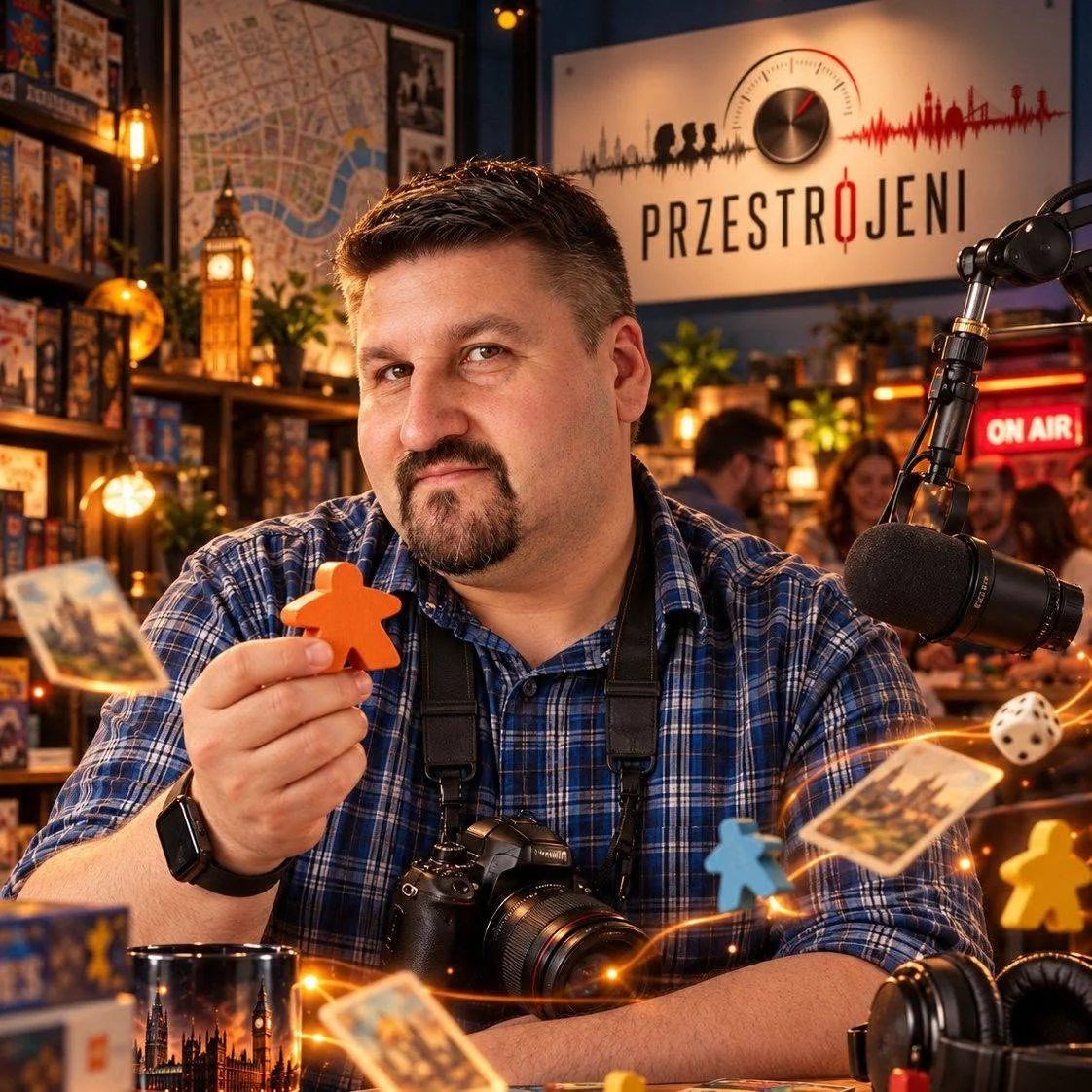 A man in a blue plaid shirt sits in a cozy recording studio, holding an orange star-shaped game piece with a camera around his neck and a large microphone nearby. The background shows a sign reading PRZESTROJENI and warm decorative lighting.
