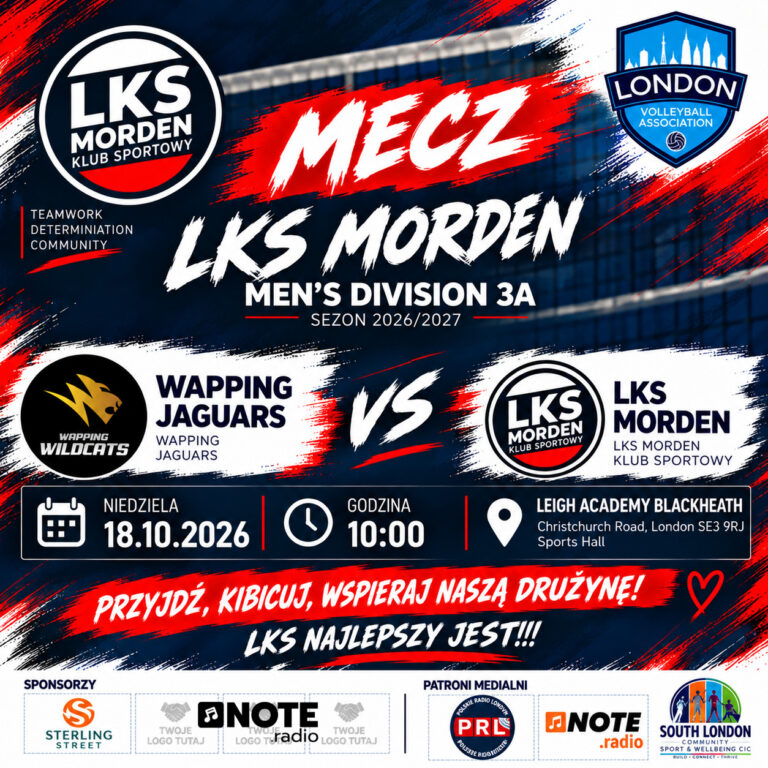 Mecz ligowy LVA Mens Division 3A Wapping Jaguars vs LKS Morden plakat NOTEradio - NOTE.radio - Polskie radio w UK | Polskie radio w Londynie Mecz ligowy LVA Men’s Division 3A: Wapping Jaguars vs LKS Morden — NOTE.radio