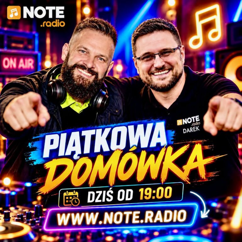 Promo poster for NOTE.radio show 'Piątkowa Domówka' with two hosts in a neon-lit studio.