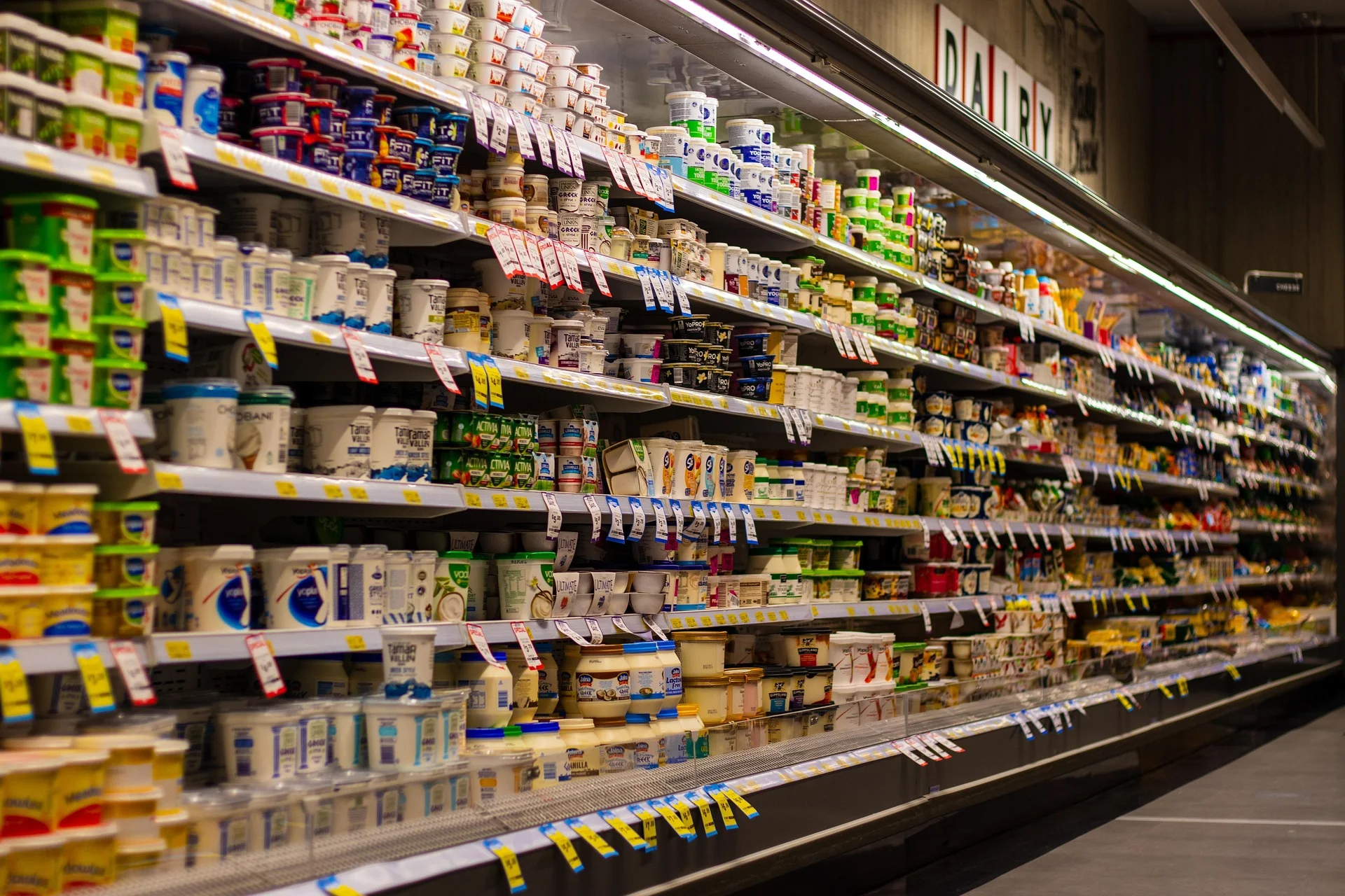 Aisle filled with yogurt cups and dairy products on refrigerated shelves in a grocery store, with bright packaging and price tags visible.",