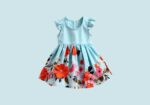 Toddler girl's light blue dress with ruffled sleeves and a colorful floral skirt.