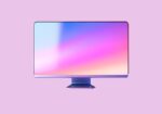 Sleek flat computer monitor on a blue stand, displaying a pink-to-blue gradient against a pink background.
